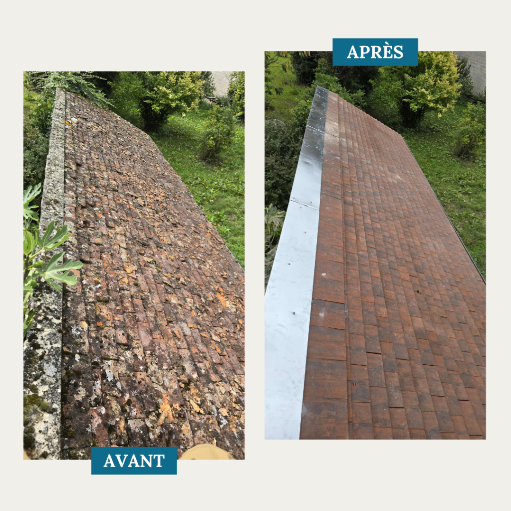 Rénovation complète de toiture : nettoyage, démoussage et remise à neuf des tuiles par SF Toiture.