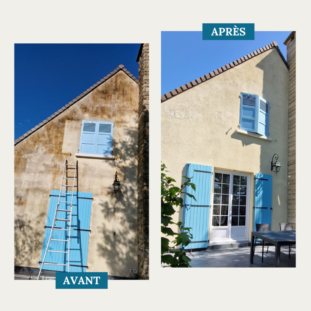 Rénovation de façade avant après avec démoussage et peinture à Anthy sur Léman par SF Toiture.