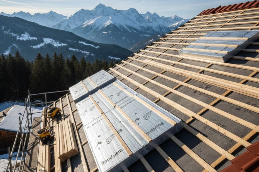Isolation de toiture par l'extérieur(Sarking) réalisée par SF Toiture à Morzine (74). Chantier de rénovation énergétique en montagne.
