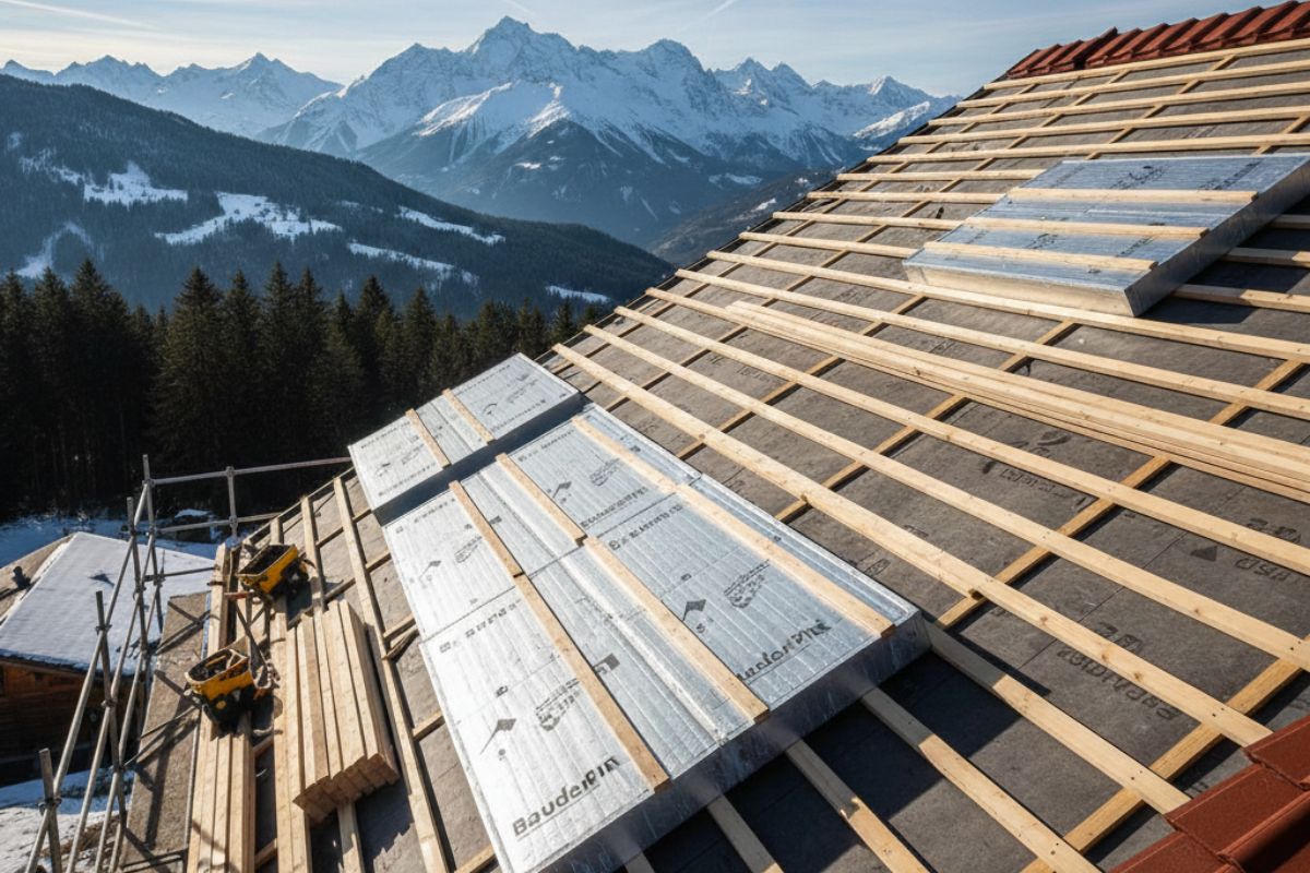 Isolation de toiture par l'extérieur(Sarking) réalisée par SF Toiture à Morzine (74). Chantier de rénovation énergétique en montagne.