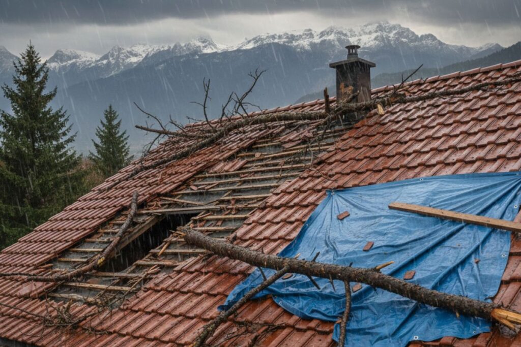 Dépannage et bâchage de toiture en urgence par SF Toiture suite à une tempête en Haute-Savoie. Intervention rapide à Morzine, Châtel et Douvaine.